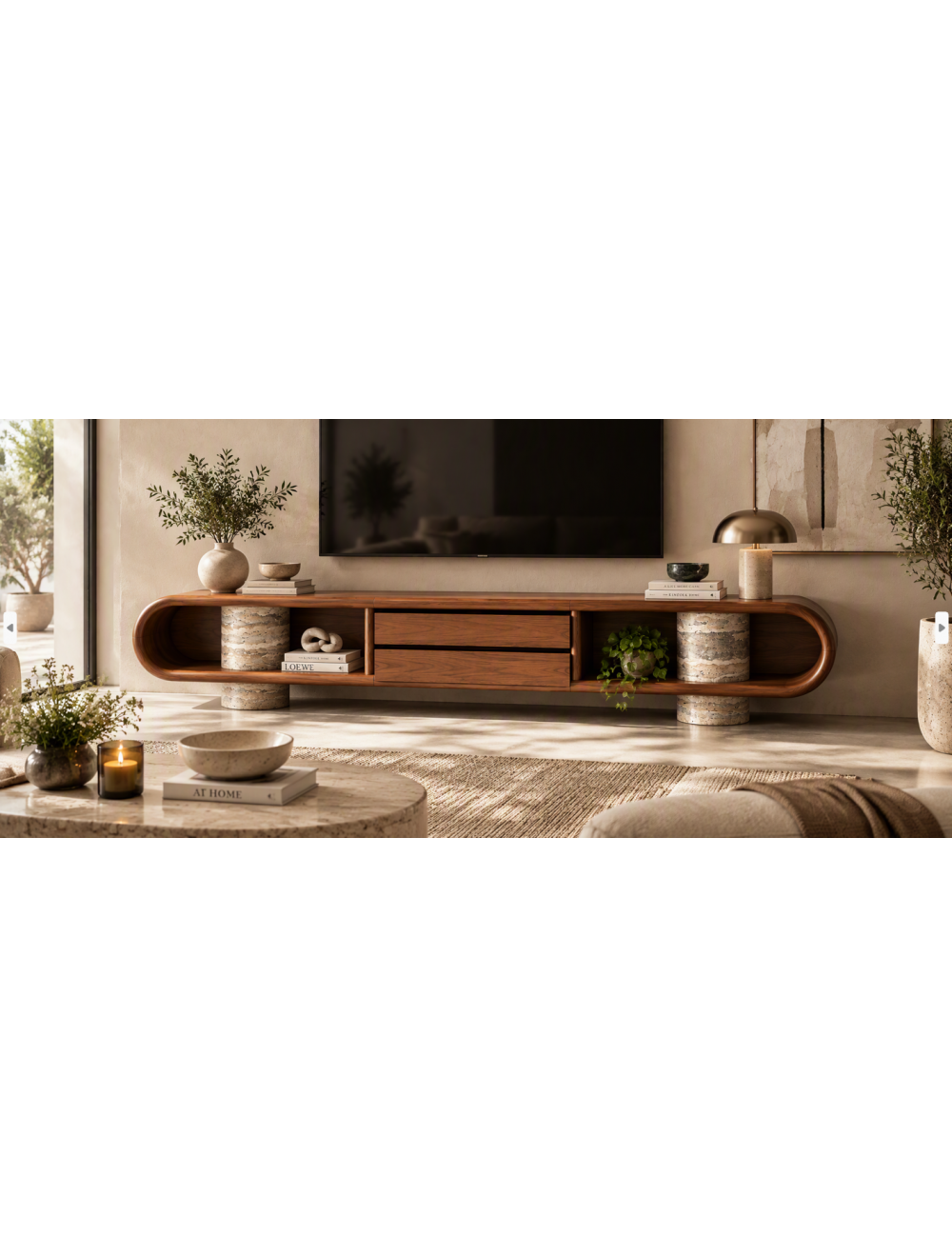 Arcadia Curve D-8205 entertainment stand in a warm living room
