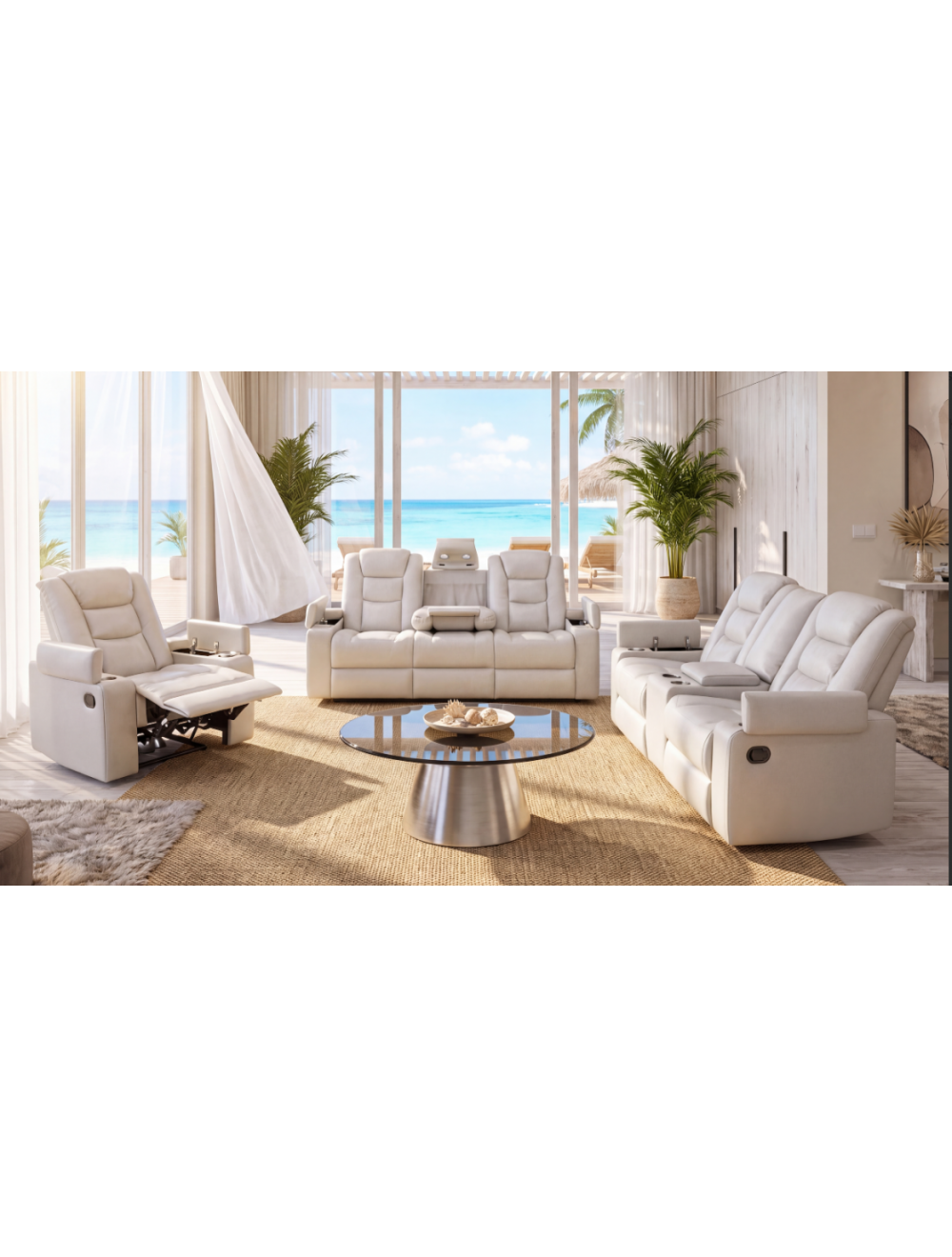 Connery five-motion fabric lounge suite in a bright coastal living room